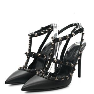 VALENTINO GARAVANI Calfskin Nappa Rockstud Ankle Strap 100mm Pumps 38 Black